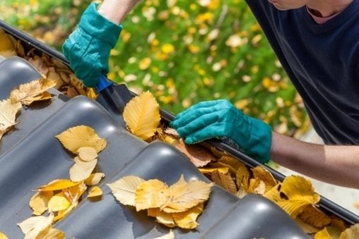 a person cleaning roof gutter